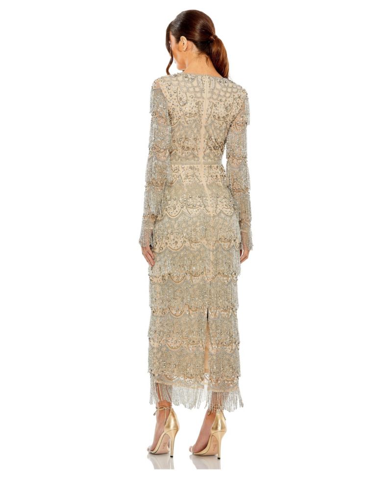 Women's V-Neck Long-Sleeve Beaded Gown