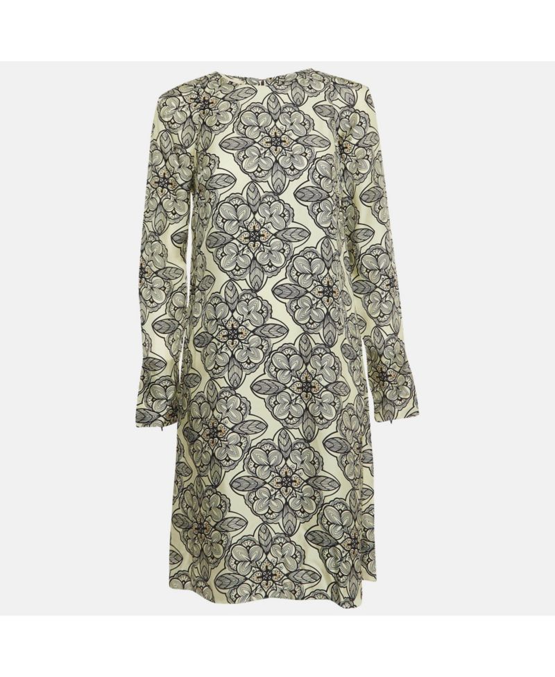Women's Cream Floral Print Silk Long-Sleeve A-Line Dress