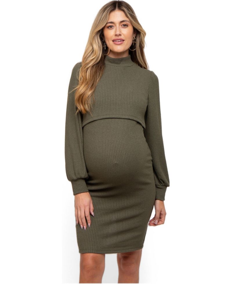 Women's Olive Rib Knit Mock Neck Nursing Dress