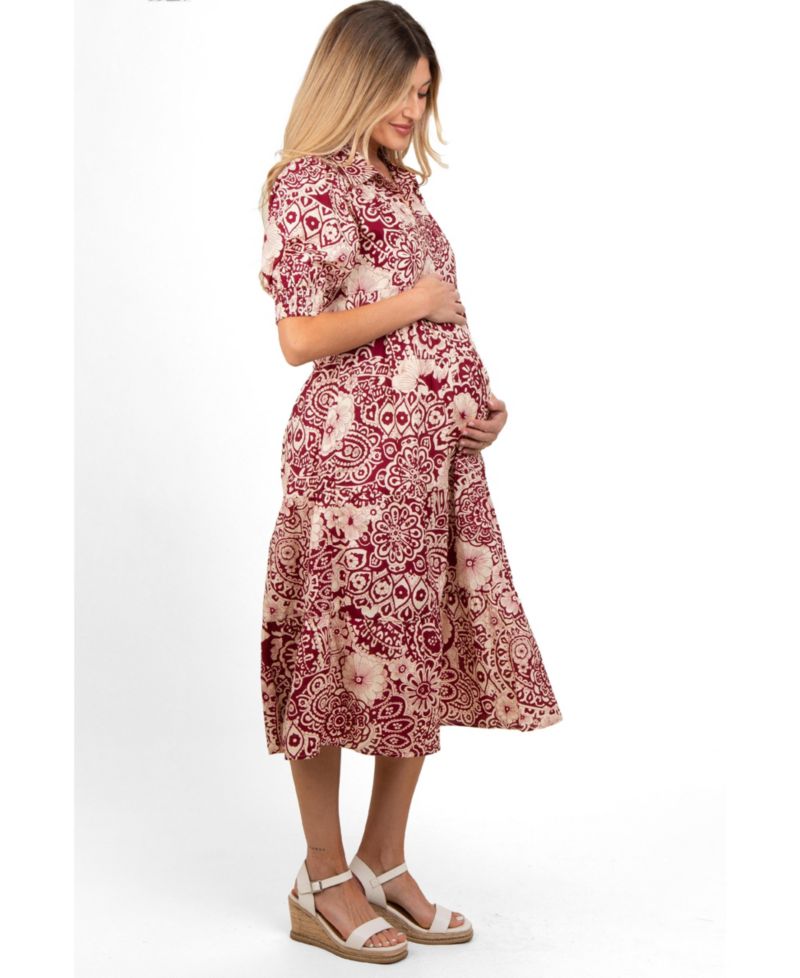 Women's Burgundy Floral Collared Tiered Midi Dress