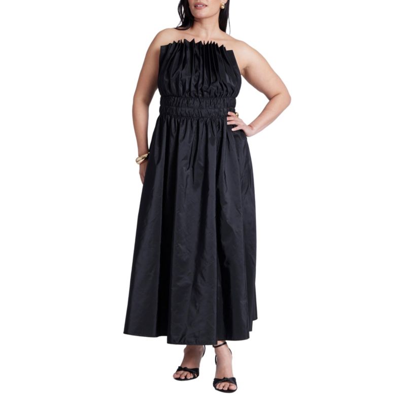 Women's Pleated Ruffle Neckline Midi Dress