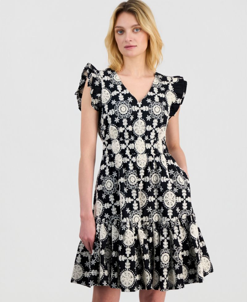 Petite V-Neck Ruffle-Sleeve Embroidered Short Dress