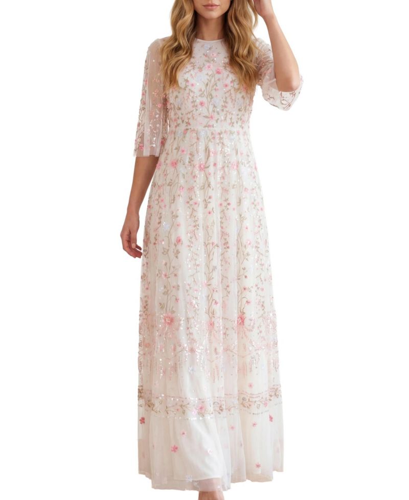 Women's Rococo Ribbon Floral-Embroidered Sheer Gown