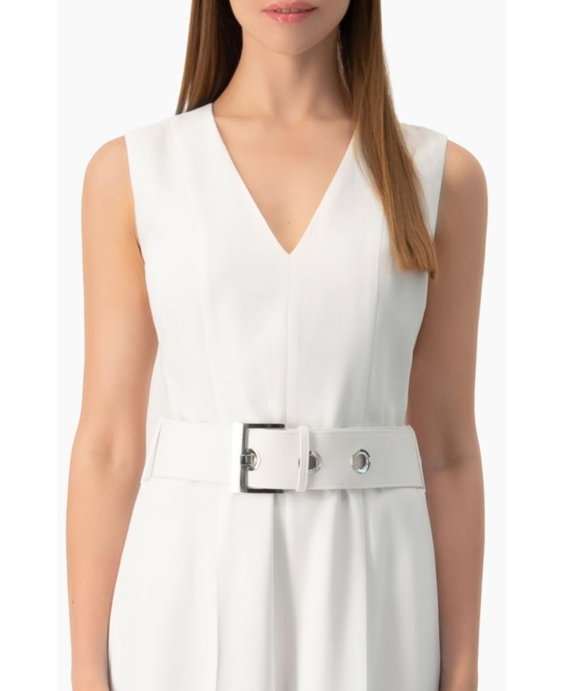 Women's Clean V-Neck Buckle-Belt Wide-Leg Tailored Jumpsuit