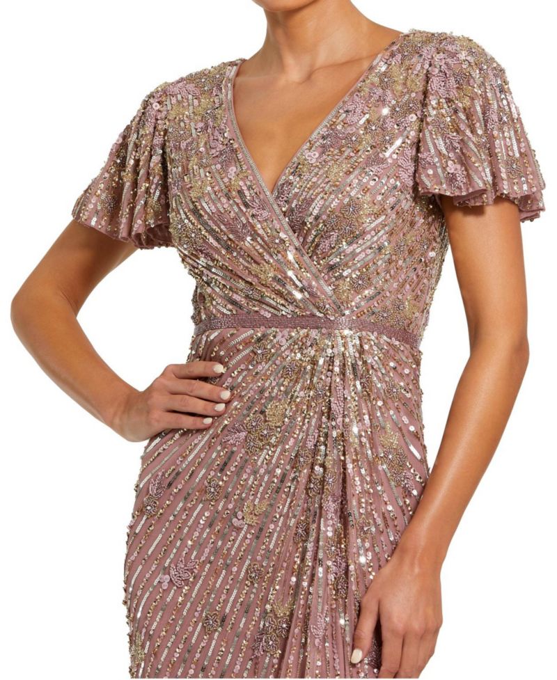 Women's Embellished Faux Wrap Flutter Sleeve Dress