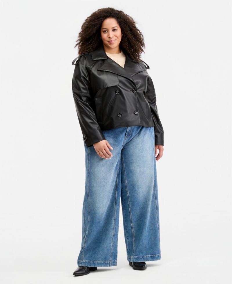 Trendy Plus Size Cropped Double-Breasted Faux-Leather Trench Coat