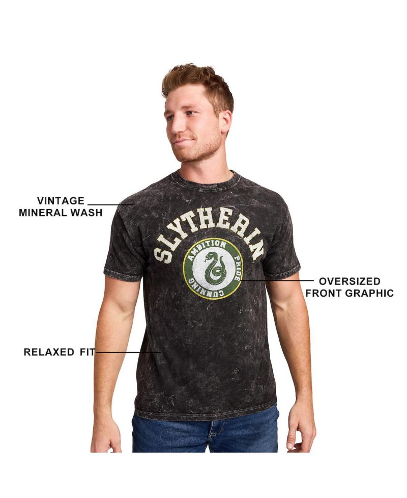 Men's Slytherin Varsity Black Vintage Mineral Wash Crew Neck Short Sleeve T-shirt-XXL