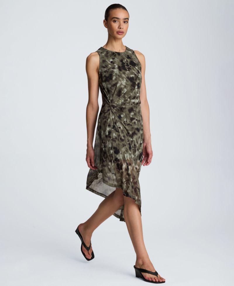 Women's Sheer Mesh Overlay Asymmetric Hem Midi Dress
