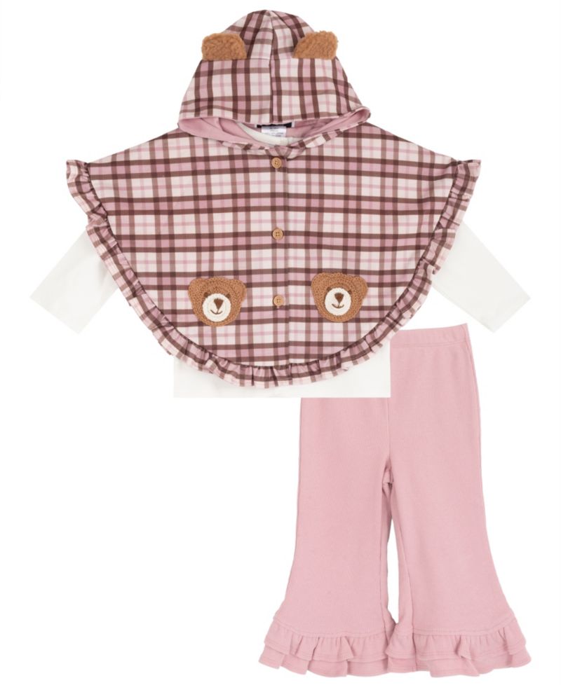 Baby Girls' Plaid Hooded Poncho Long-Sleeve Top and Leggings, 2-Piece Set