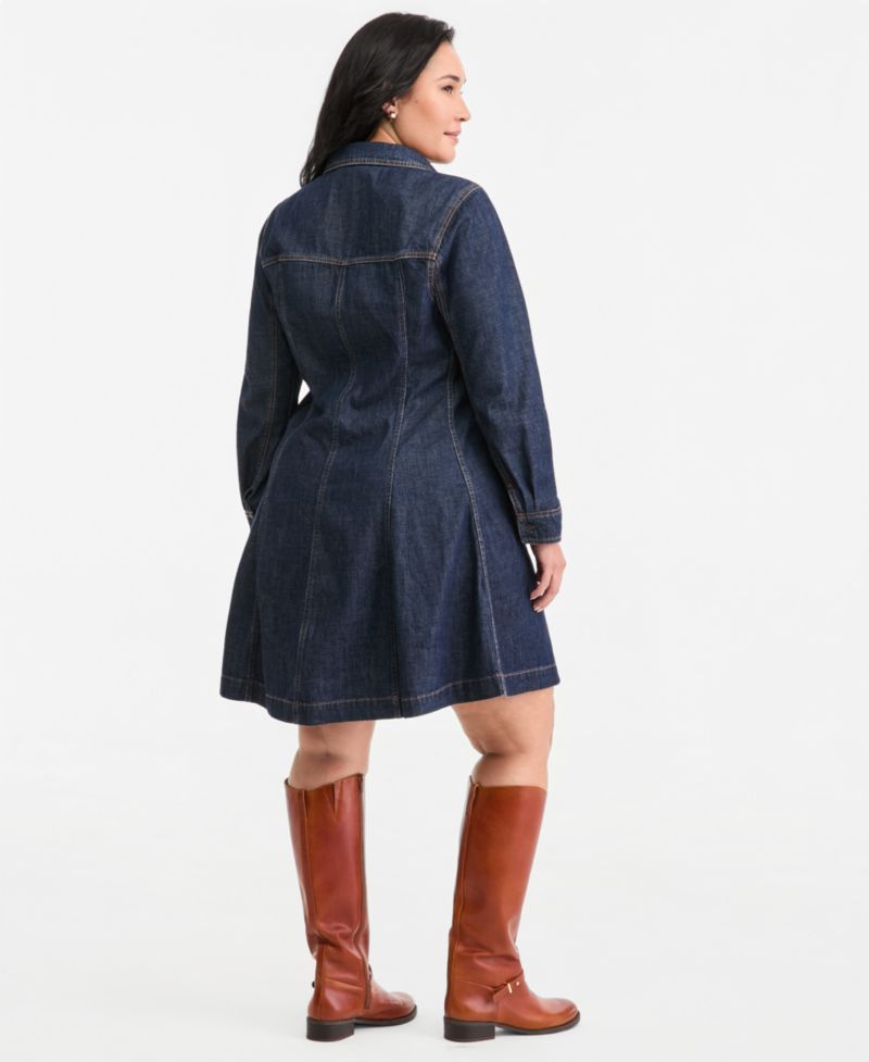 Plus Size Denim Long-Sleeve Mini Dress