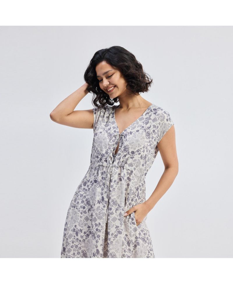 Women's Deep V-neck Gathered Dress in Florals
