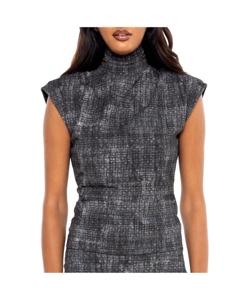 Women's SCRATCH SLEEVELESS ZIP TURTLENECK TOP