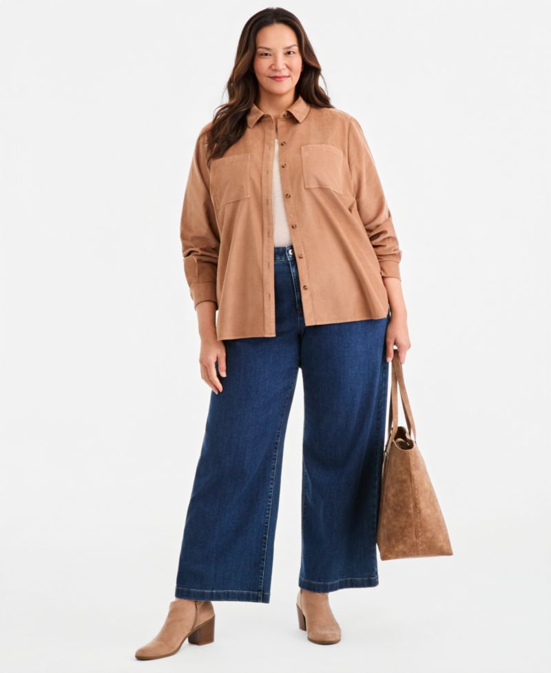 Plus Size Long-Sleeve Corduroy Overshirt