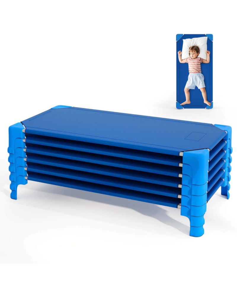 6 Pack Stackable Daycare Cots with Easy Lift Corners Heavy-Duty Metal