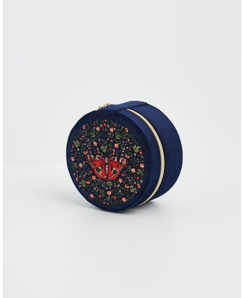 Women's Butterfly Velvet Embroidered Circle Jewellery Box