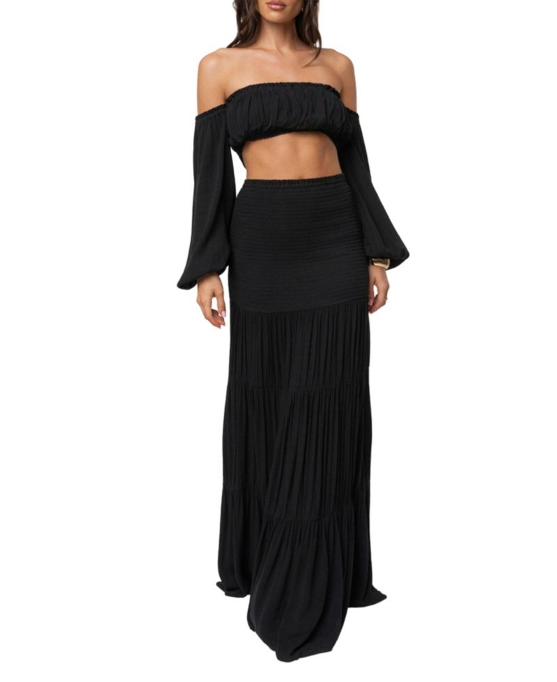 Women's Solana Off-the-Shoulder Long-Sleeve Viscose Crop Top and Maxi Skirt Set