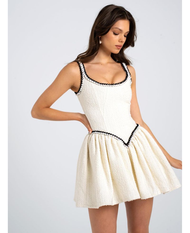 Women's Coco White Boucle Tweed V Waist Mini Dress