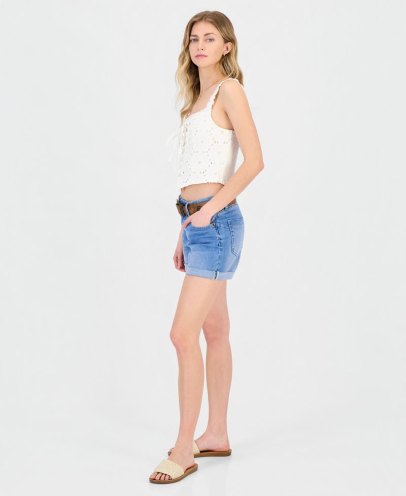 Juniors' Belted Cuffed Denim Shorts