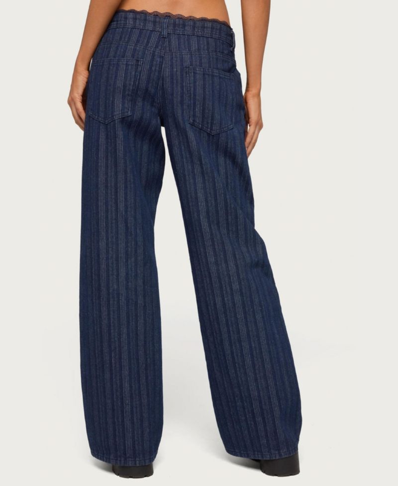 Women's Lace Trim Striped Low Rise Baggy Jeans