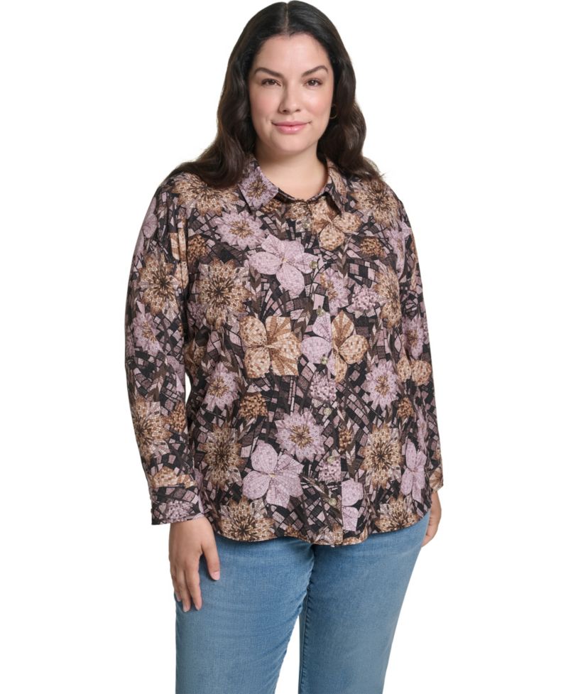 Plus Size Geo Floral Long-Sleeve Button-Up Woven Blouse