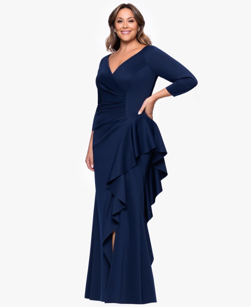 Plus V-Neck Ruffled Side-Slit Scuba Gown