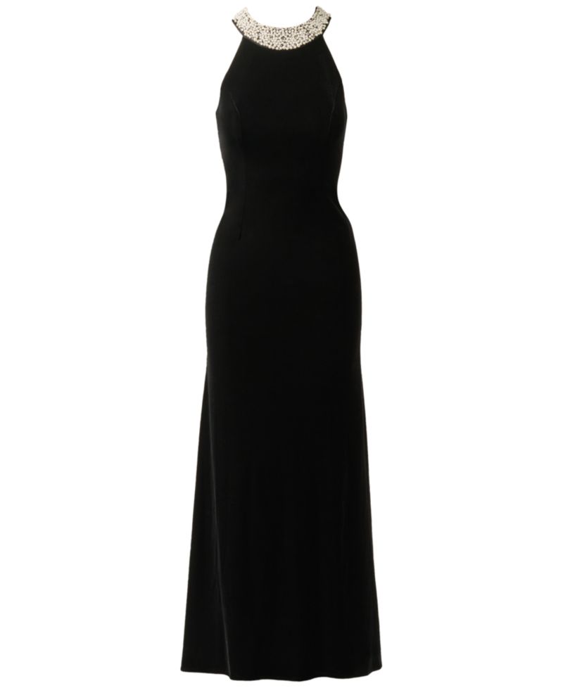 Women's Imitation Pearl Collar Velvet Halter Gown