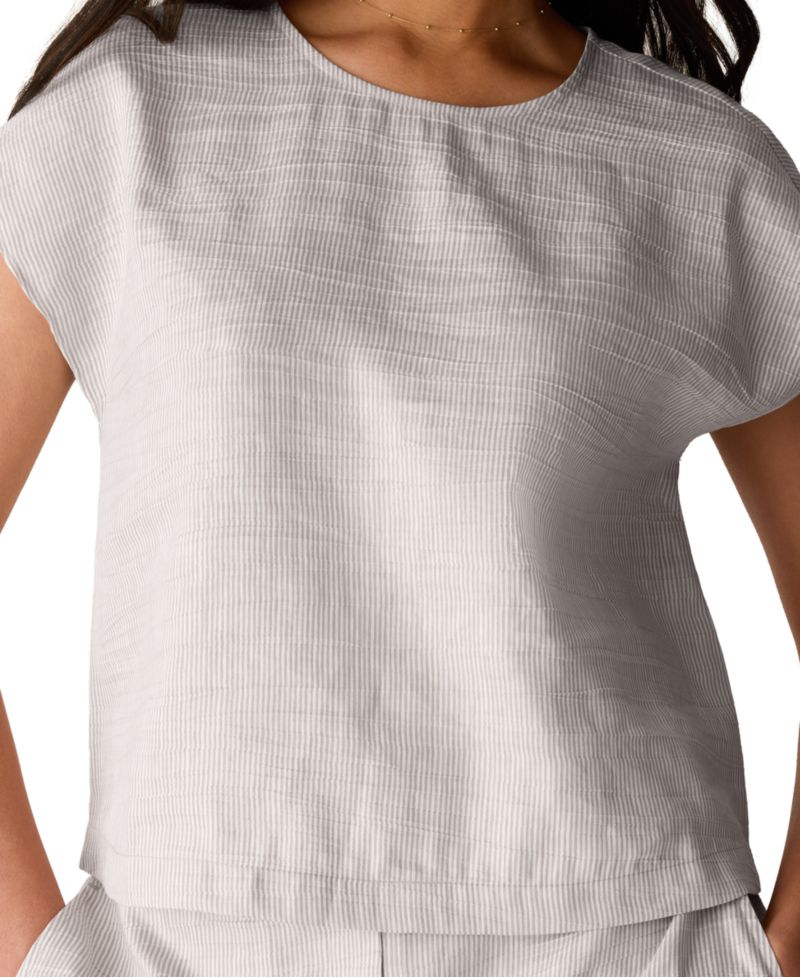 Women's & Plus Size Crinkle Round Neck Striped Square Top