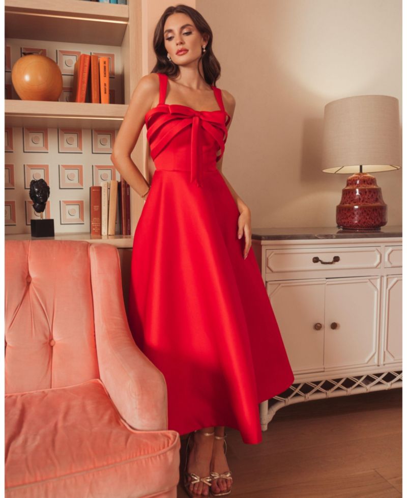 Women's Satin Sleeveless A Line Ankle Dress With Bow