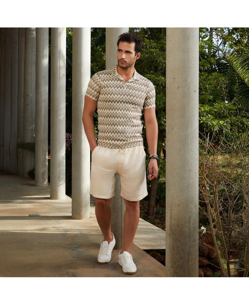 Men's French Beige and Off White Zig-Zag Knit Polo T-Shirt