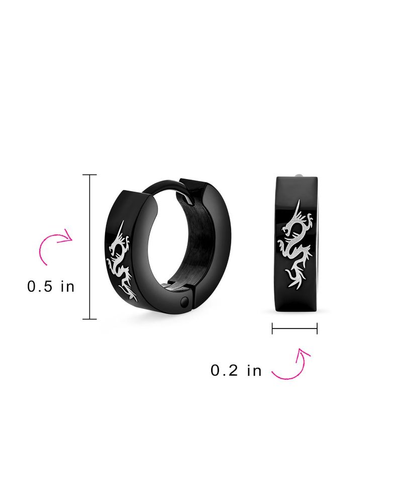 Asian Dragon Mini Hoop Huggie Earrings Silver Tone Stainless Steel