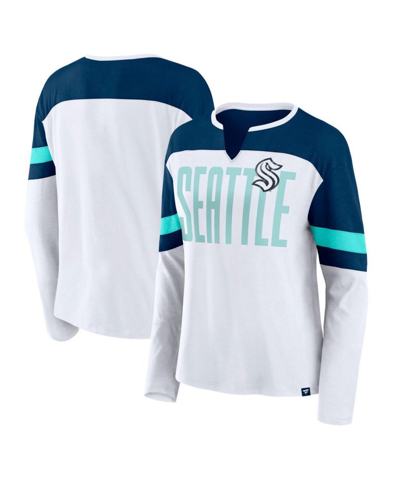 Women's White/Navy Seattle Kraken Frozen Long Sleeve Notch Neck T-Shirt