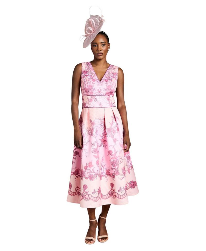 Women's V-Neck Satin Floral Print Midi Dress
