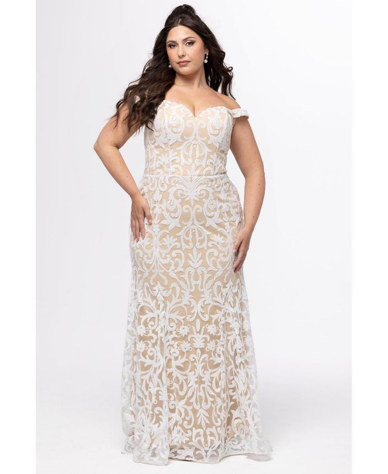 Ivory & Nude Plus Size Off-the-Shoulder Sequin Mermaid Dress