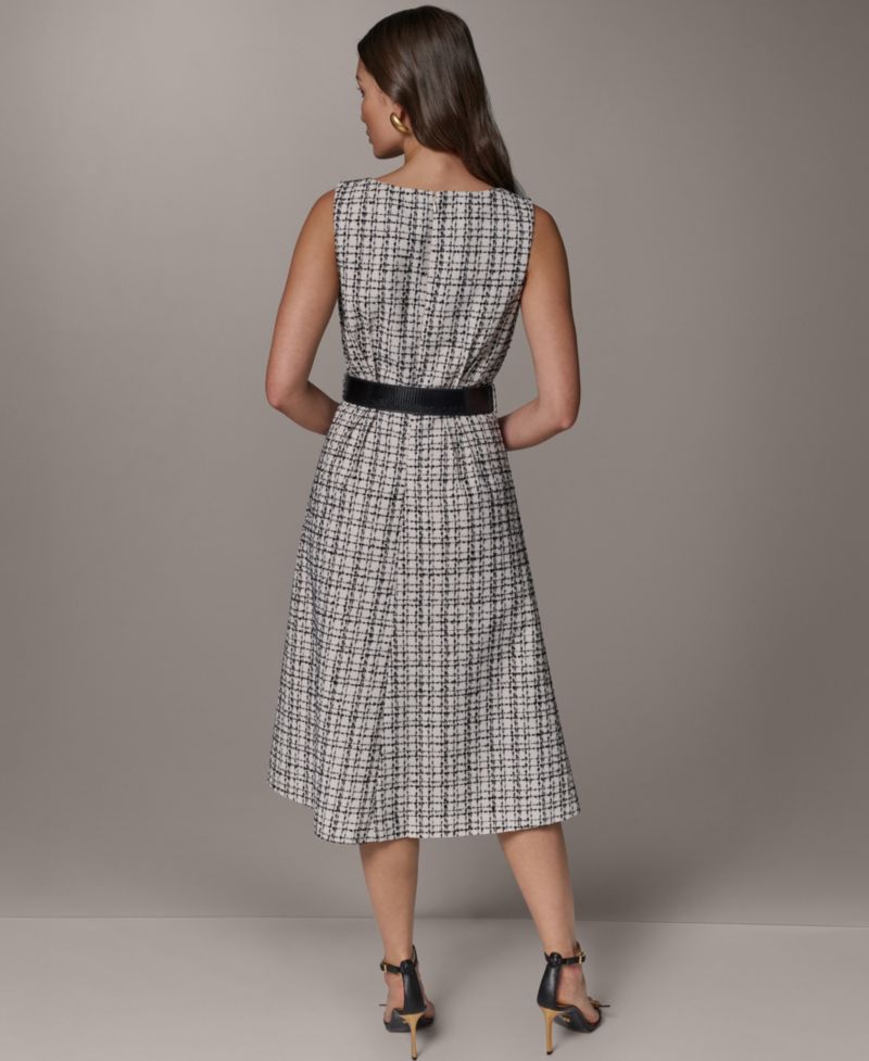 Women's Sleeveless Plaid Tweed Belted A-Line Dress