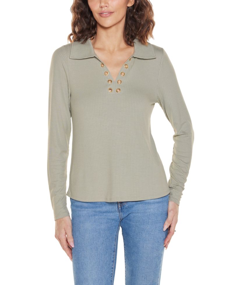 Plus Grommet-Trim Split-V Knit Top