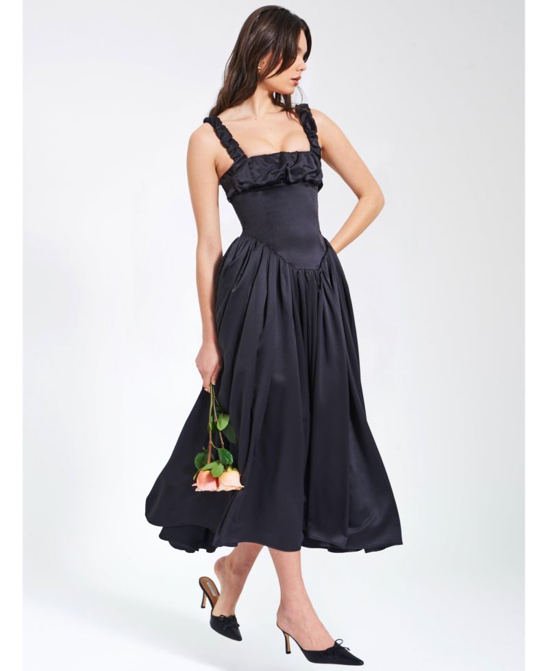 Women's Noreen Black Satin Drop Waist Maxi Sundress