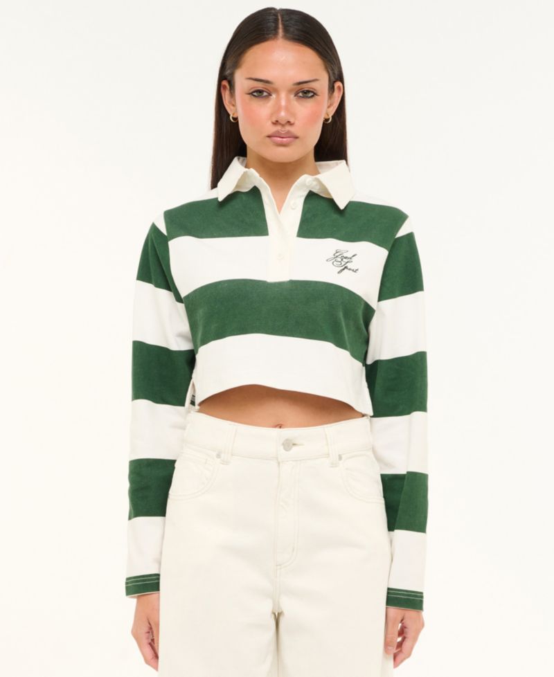 Juniors' Good Sport Striped Cropped Polo Shirt