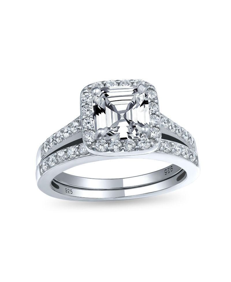 Deco Style 2CT CZ Asscher Cut Halo Engagement Ring Band Set Sterling Silver