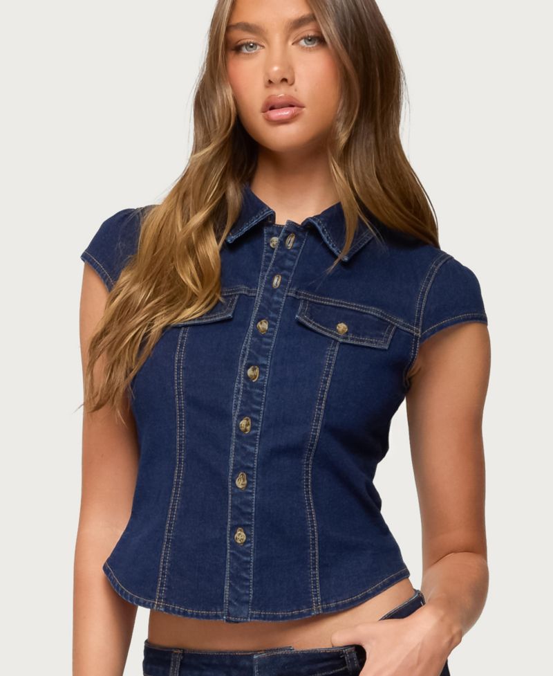 Women's Contrast Stitch Button Up Denim Shirt