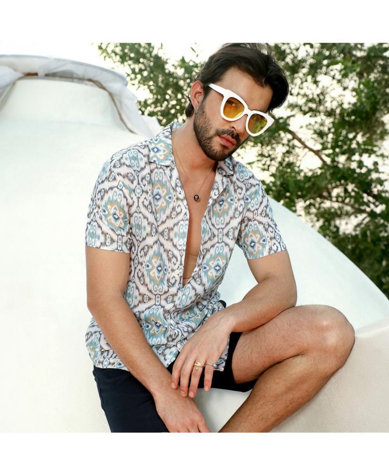 Men's Ivory White & Sage Green Ikkat Shirt