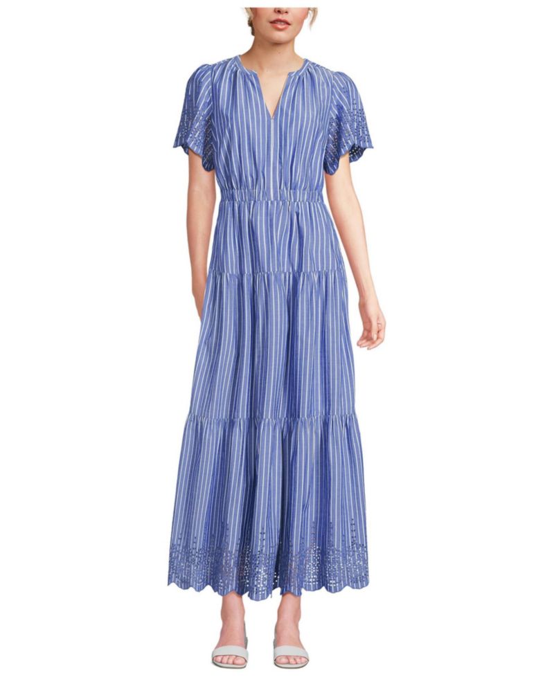 Women's Tiered Cotton Poplin Eyelet Maxi Dress