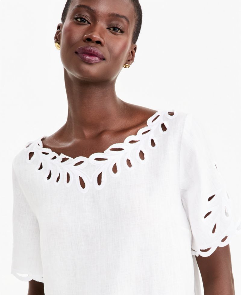 Women's Boat Neck Short Sleeve Scalloped-Edge Linen Blouse