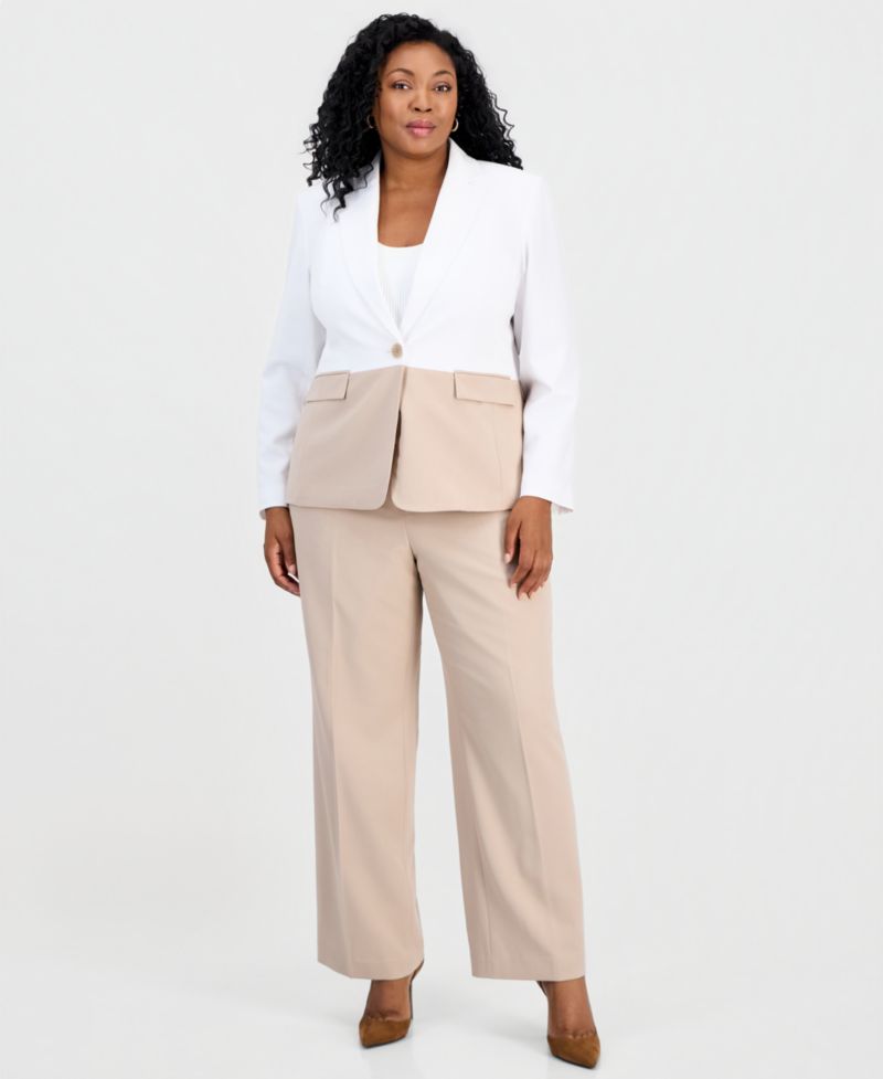 Plus Size Colorblocked One-Button Peplum Jacket & Fly-Front Wide-Leg Pants Suit