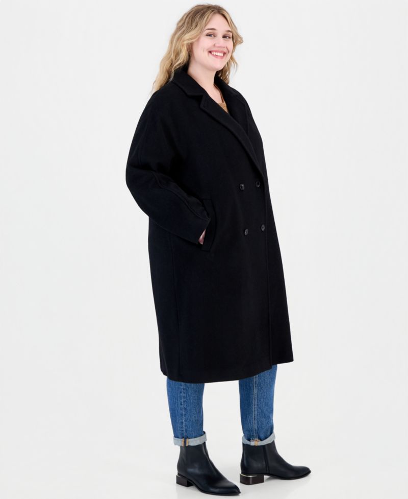 Plus Size Double-Breasted Wool-Blend Notch Collar Coat