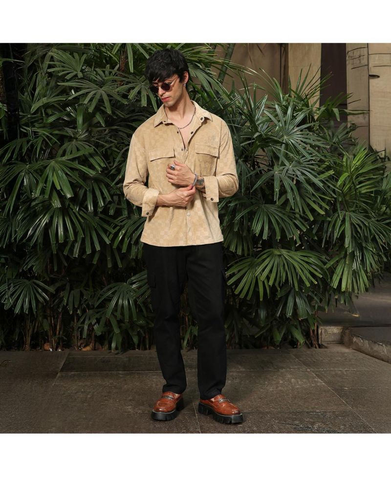 Men's Buff Beige Cubic Velvet Utility Shacket