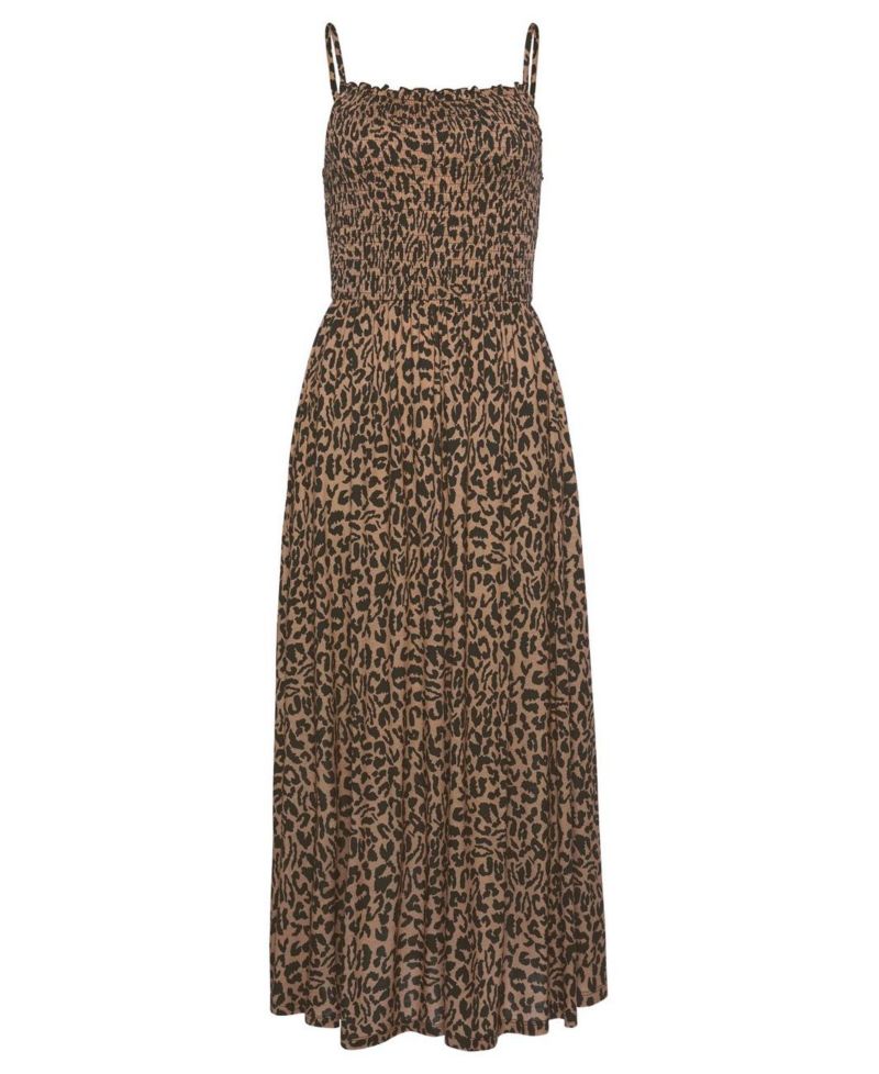 Women's Viscose Animal Print Smocked Square-Neck Midi Dress