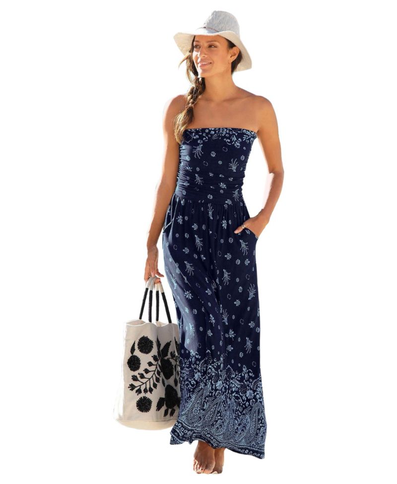 Women's Viscose Printed Strapless with Pockets Bandeau Maxi Dress