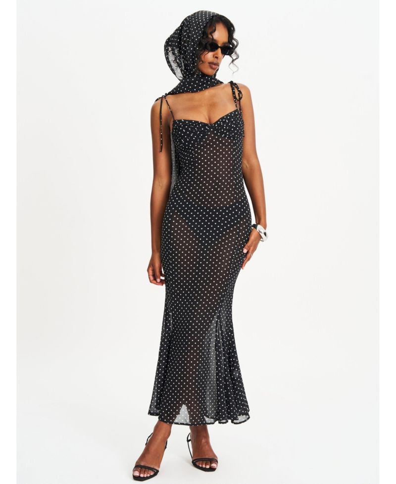 Women's Yadira Black Base Polka Dot Chiffon Maxi Dress