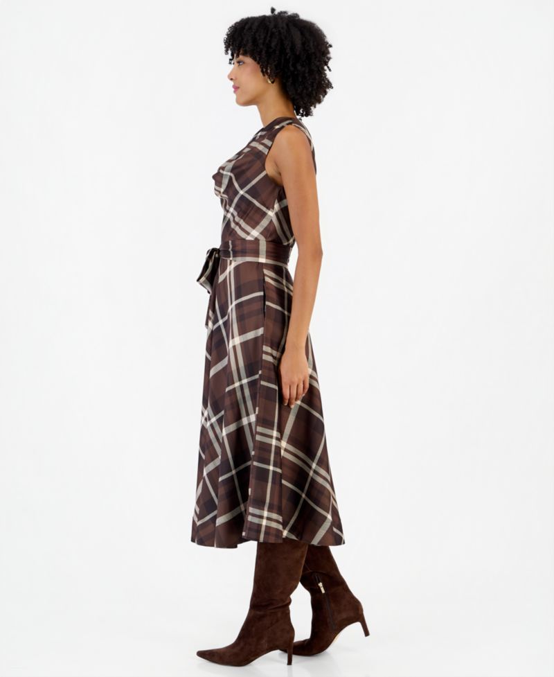 Women's Drape Neck Plaid Midi A-Line Dress