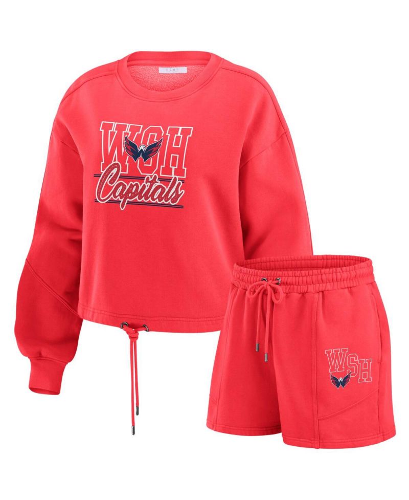 Women's Red Washington Capitals Washed Fleece Sweatshirt Shorts Lounge Set